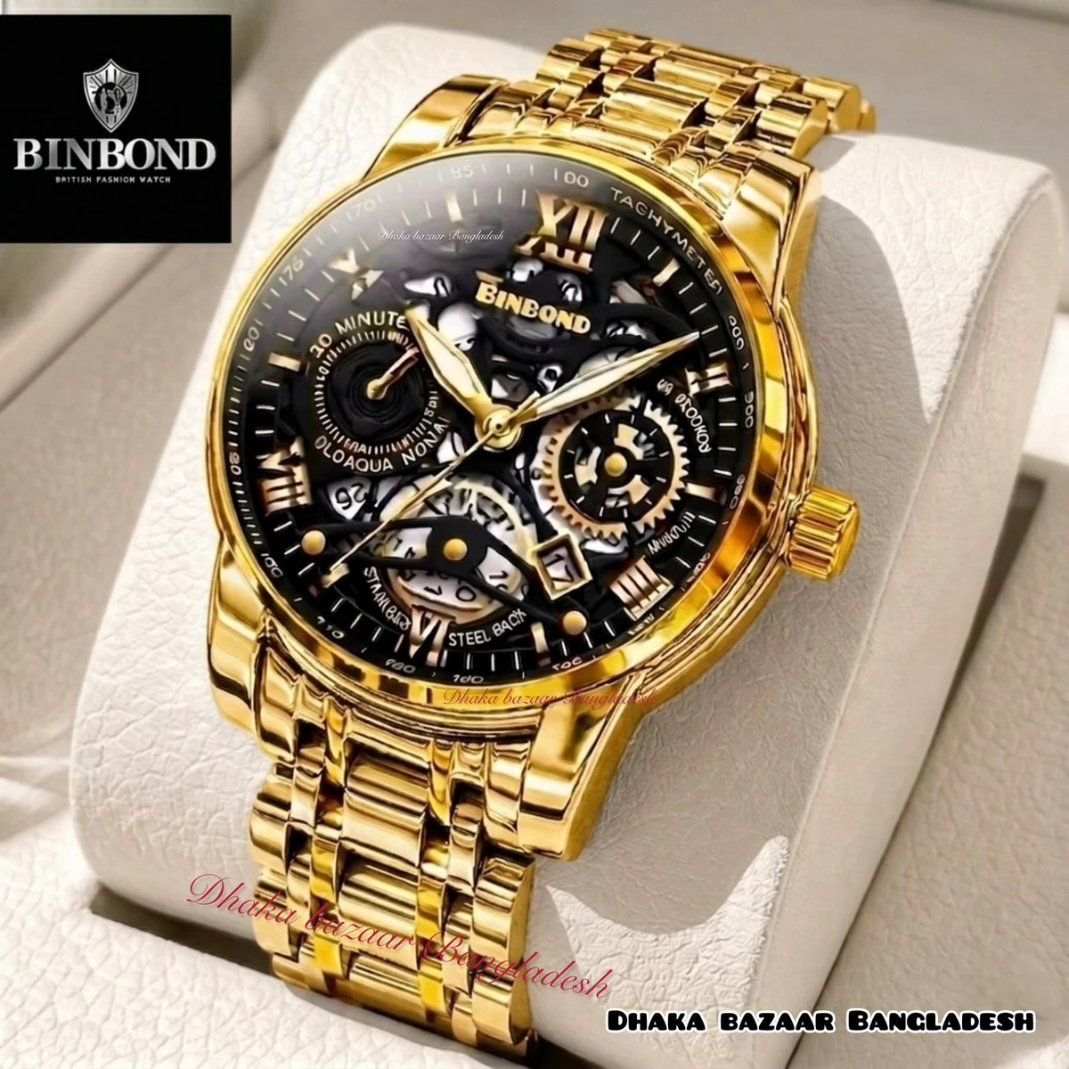 পুরুষের জন্য 220 ABনন মেকানিক্যাল ওয়াটার প্রুফ ঘড়ি GOLDEN BLACK