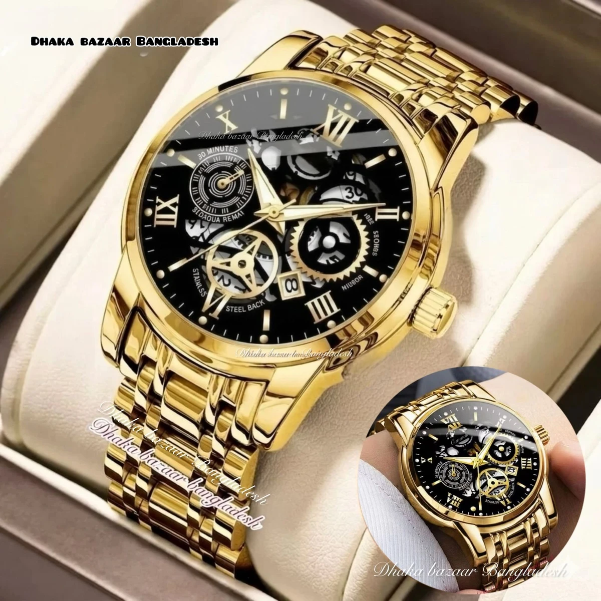 পুরুষের জন্য 220 ABনন মেকানিক্যাল ওয়াটার প্রুফ ঘড়ি GOLDEN BLACK