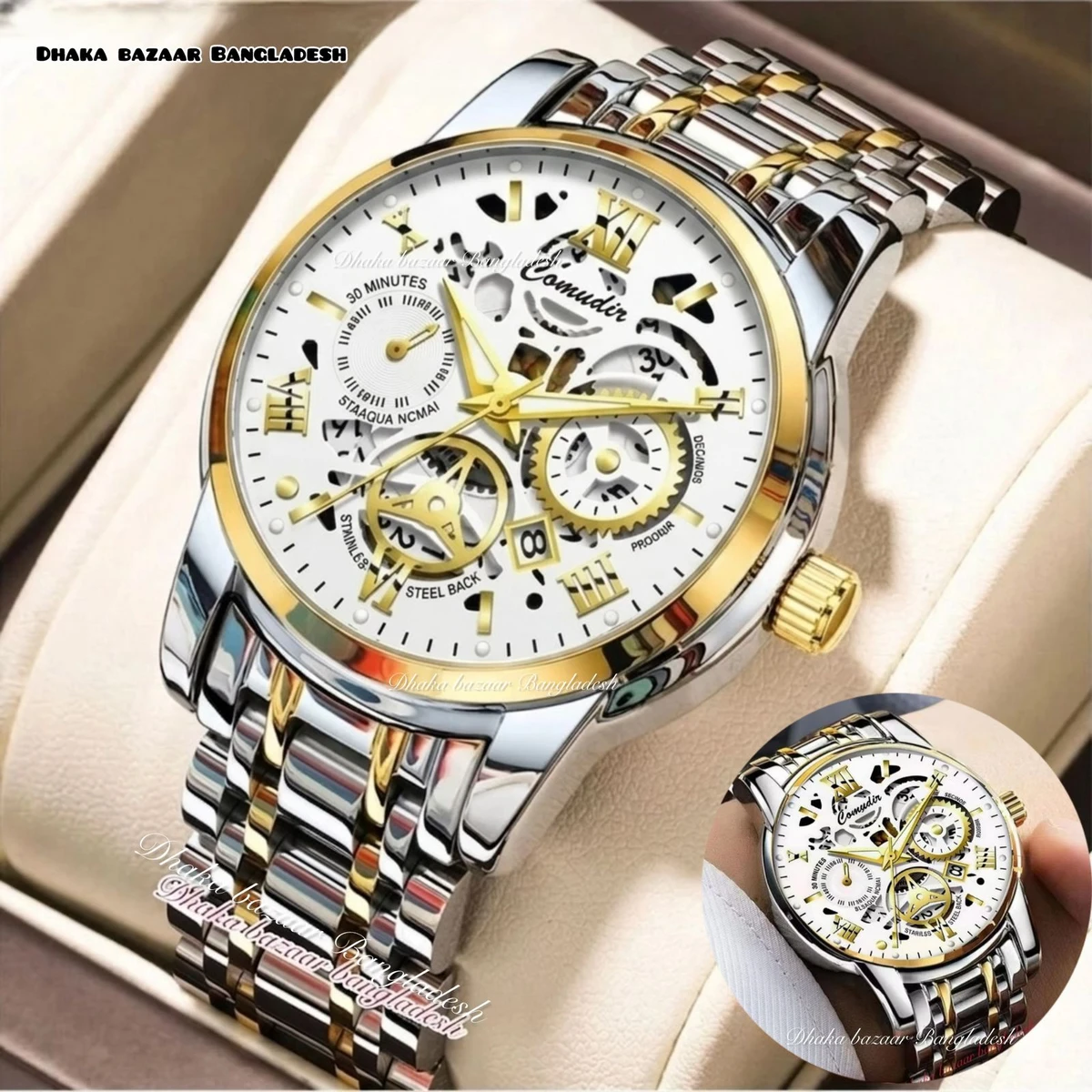 পুরুষের জন্য 220 ABনন মেকানিক্যাল ওয়াটার প্রুফ ঘড়ি SILVER GOLDEN WHITE