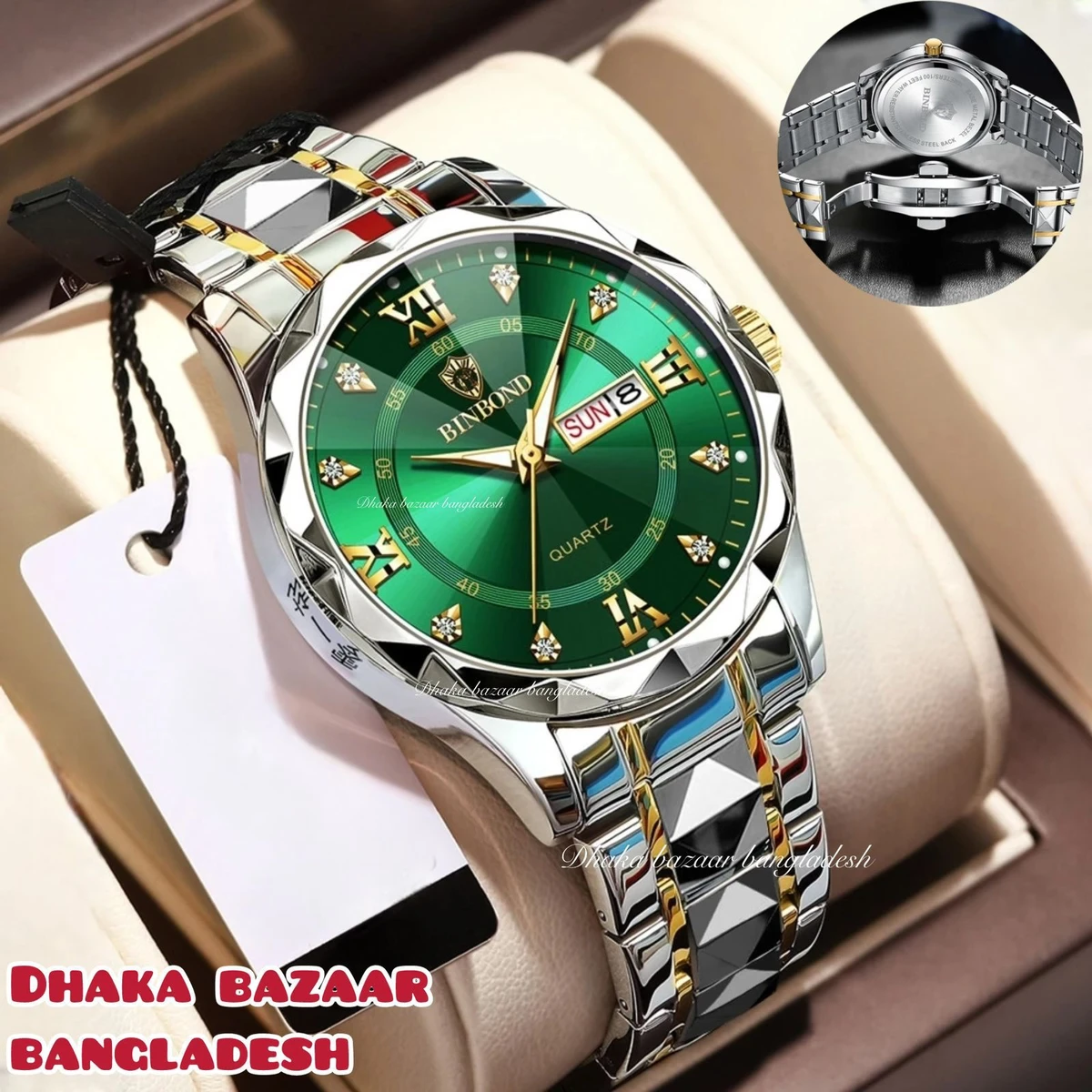 BINBOND 5512 ডায়মন্ড কাটিং এবং বাটারফ্লাই লক নতুন ডিজাইনের পুরুষদের জন্য ঘড়ি SILBER GOLDEN GREEN