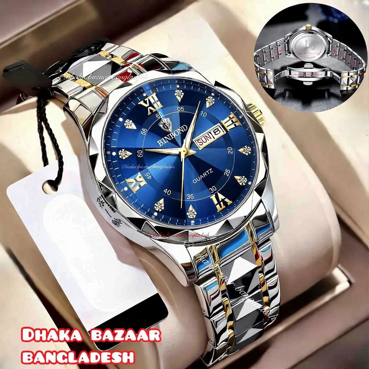 BINBOND 5512 ডায়মন্ড কাটিং এবং বাটারফ্লাই লক নতুন ডিজাইনের পুরুষদের জন্য ঘড়ি SILBER GOLDEN BLUE