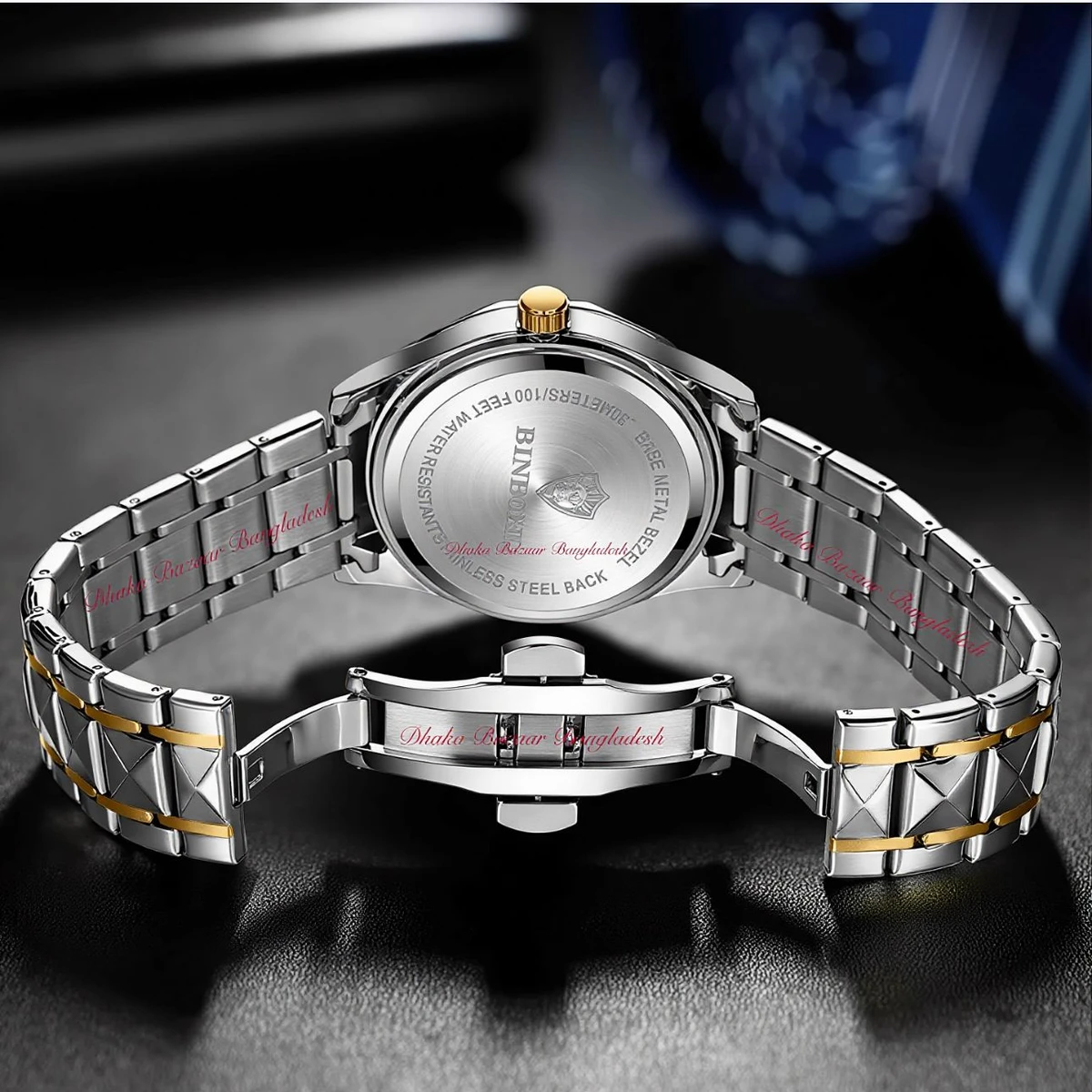 BINBOND 5512 ডায়মন্ড কাটিং এবং বাটারফ্লাই লক নতুন ডিজাইনের পুরুষদের জন্য ঘড়ি SILBER GOLDEN BLUE NEW