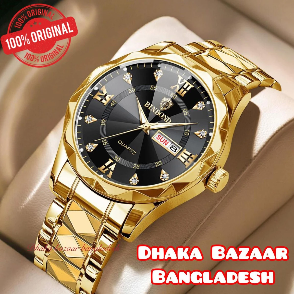 BINBOND 5512 ডায়মন্ড কাটিং এবং বাটারফ্লাই লক নতুন ডিজাইনের পুরুষদের জন্য ঘড়ি GOLDEN BLACK