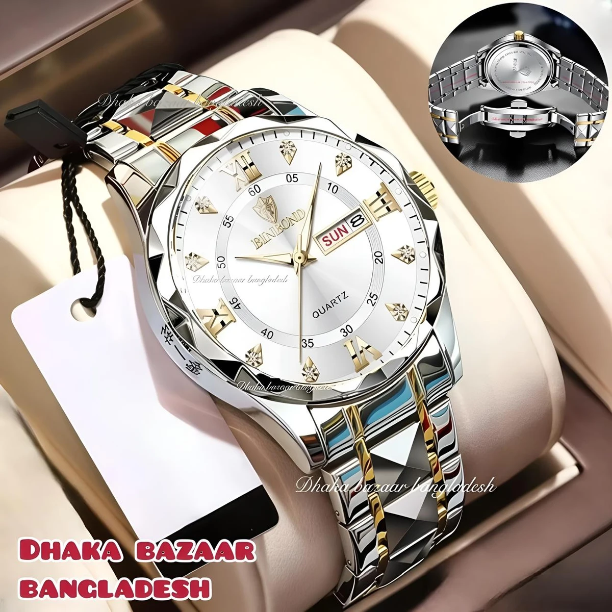 BINBOND 5512 ডায়মন্ড কাটিং এবং বাটারফ্লাই লক নতুন ডিজাইনের পুরুষদের জন্য ঘড়ি SILBER GOLDEN WHITE