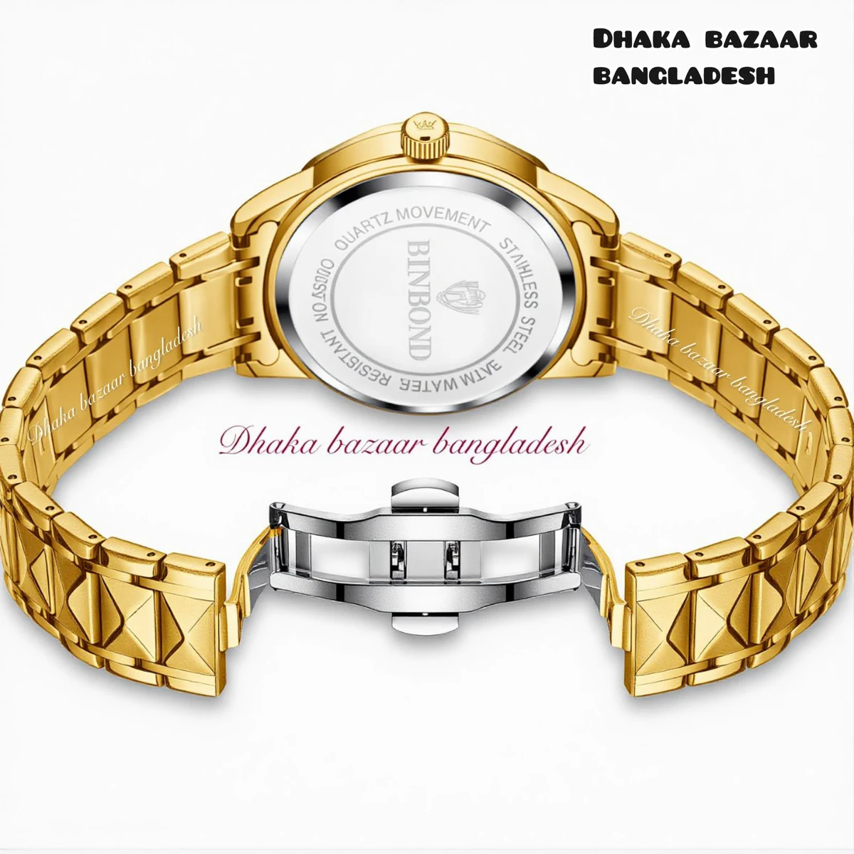BINBOND 5512 ডায়মন্ড কাটিং এবং বাটারফ্লাই লক নতুন ডিজাইনের পুরুষদের জন্য ঘড়ি GOLDEN