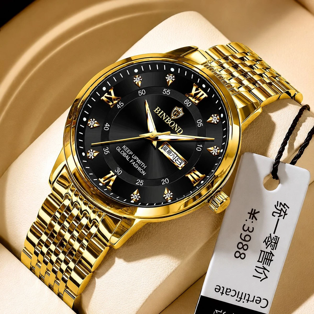 BINBOND23 নতুন ডিজাইনের পুরুষদের জন্য ঘড়ি GOLDEN BLACK