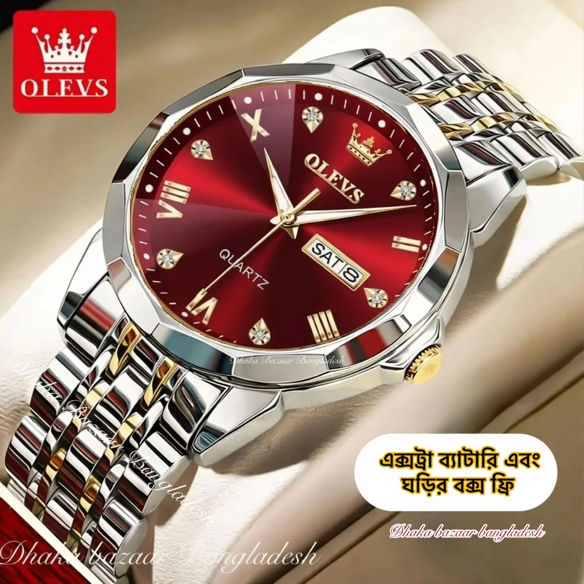 OLIVSZ  নতুন ডিজাইনের পুরুষদের জন্য ঘড়ি SILVER GOLDEN WHITH RED