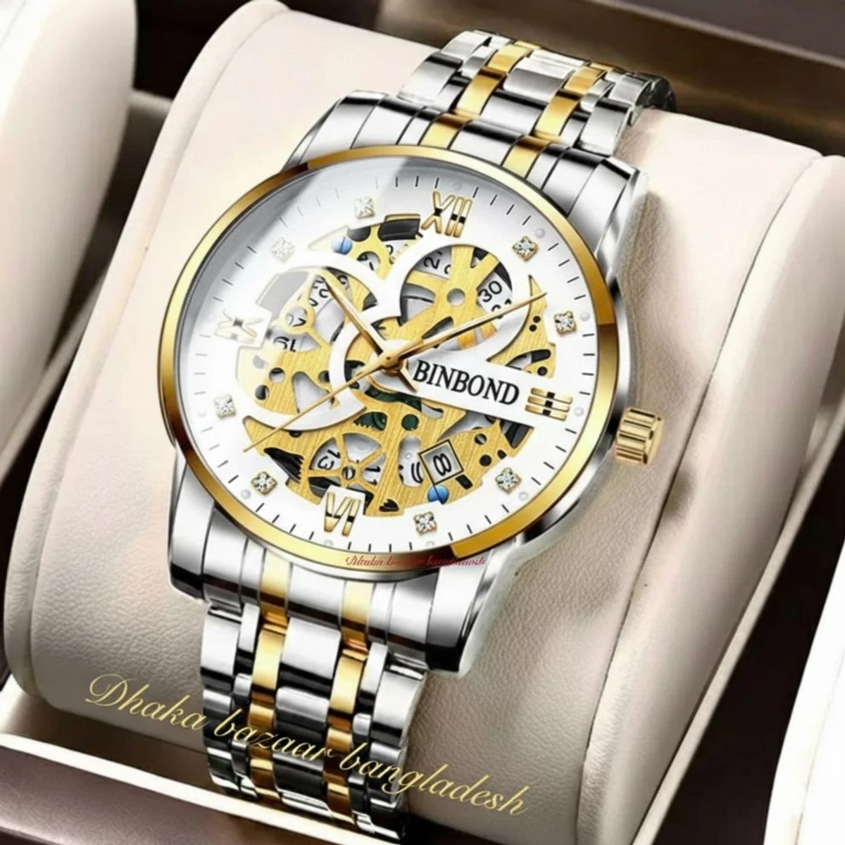 BINBOND BB12 পুরুষের জন্য নন মেকানিক্যাল ওয়াটার প্রুফ ঘড়ি SILVER GOLDEN WHITE
