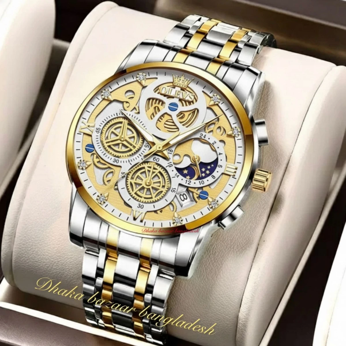 OLIVEZ 5233A পুরুষের জন্য নন মেকানিক্যাল ওয়াটার প্রুফ ঘড়ি SILVER GOLDEN WHITE