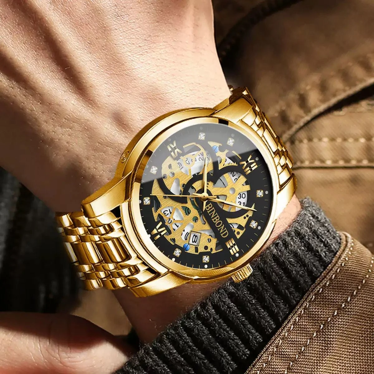 BINBOND BB12 PRO পুরুষের জন্য নন মেকানিক্যাল ওয়াটার প্রুফ ঘড়ি GOLDEN BLACK