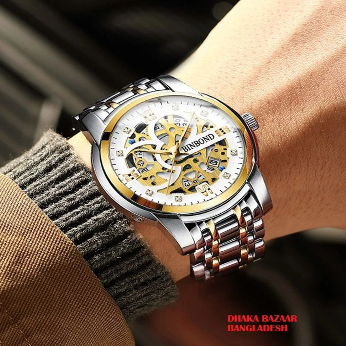 BINBOND BB12 PRO পুরুষের জন্য নন মেকানিক্যাল ওয়াটার প্রুফ ঘড়ি SILVER GOLDEN WHITE