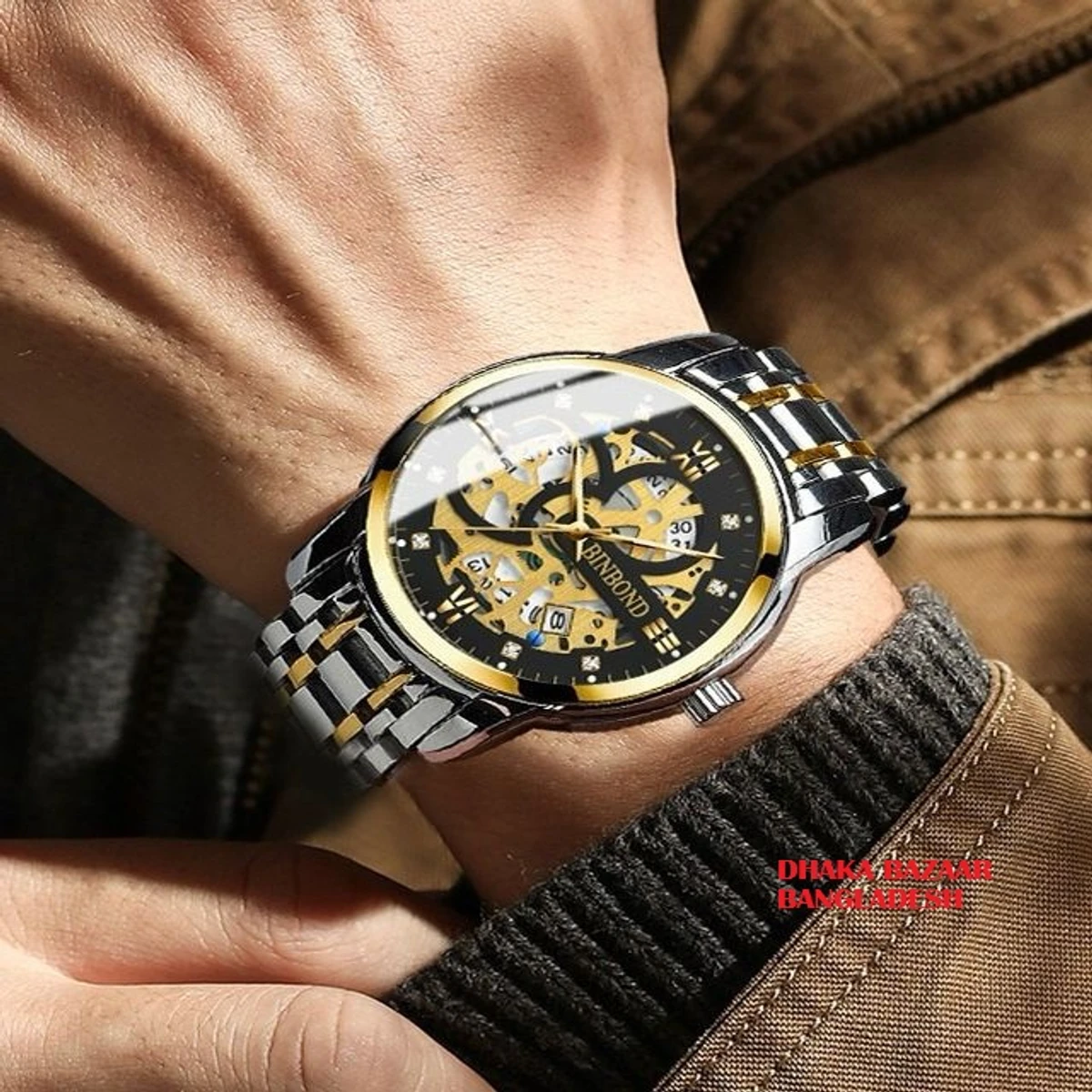 BINBOND BB12 PRO পুরুষের জন্য নন মেকানিক্যাল ওয়াটার প্রুফ ঘড়ি SILVER GOLDEN BLACK