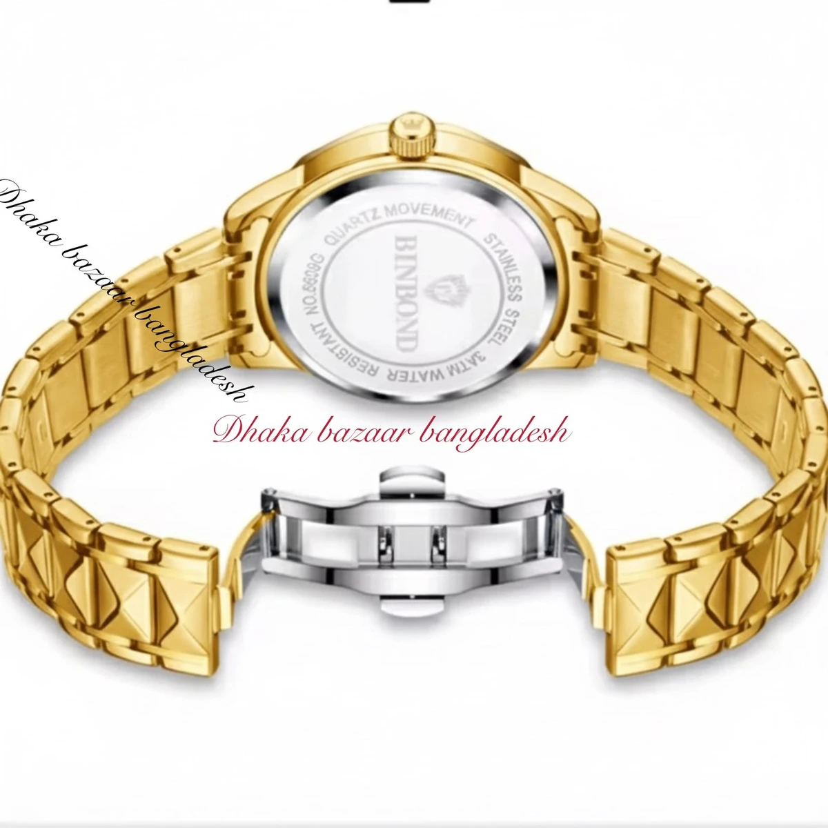 BINBOND 5512 ডায়মন্ড কাটিং এবং বাটারফ্লাই লক নতুন ডিজাইনের পুরুষদের জন্য ঘড়ি GOLDEN BLACK