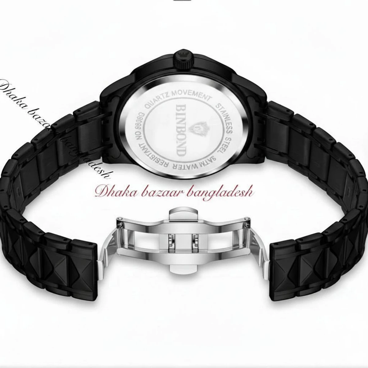 BINBOND 5512 ডায়মন্ড কাটিং এবং বাটারফ্লাই লক নতুন ডিজাইনের পুরুষদের জন্য ঘড়ি BLACK