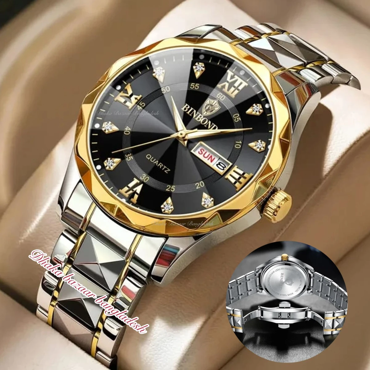 BINBOND 5512 ডায়মন্ড কাটিং এবং বাটারফ্লাই লক নতুন ডিজাইনের পুরুষদের জন্য ঘড়ি SILBER GOLDEN BLACK NEW
