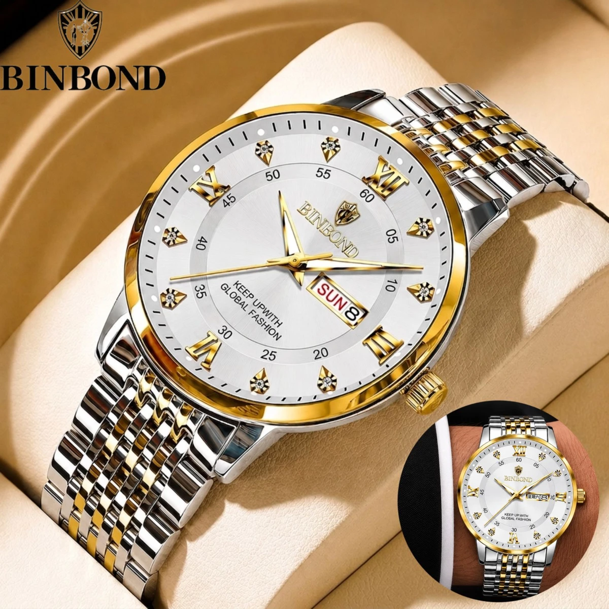 BINBOND23 MAX নতুন ডিজাইনের পুরুষদের জন্য ঘড়ি SILVER GOLDEN WHITE