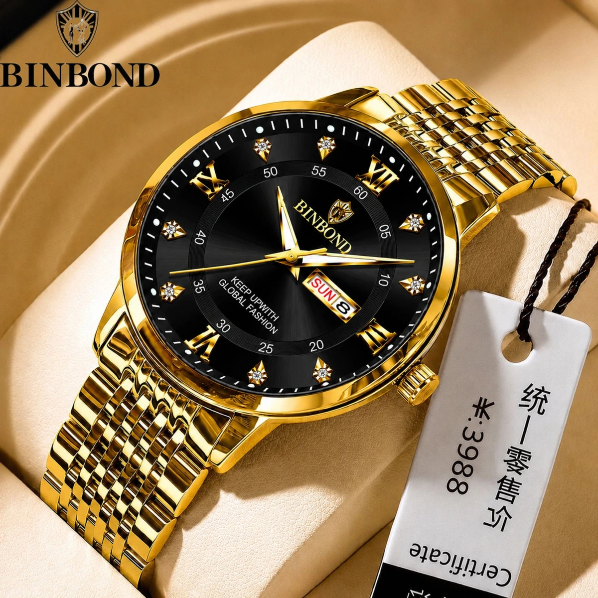 BINBOND23 নতুন ডিজাইনের পুরুষদের জন্য ঘড়ি GOLDEN BLACK
