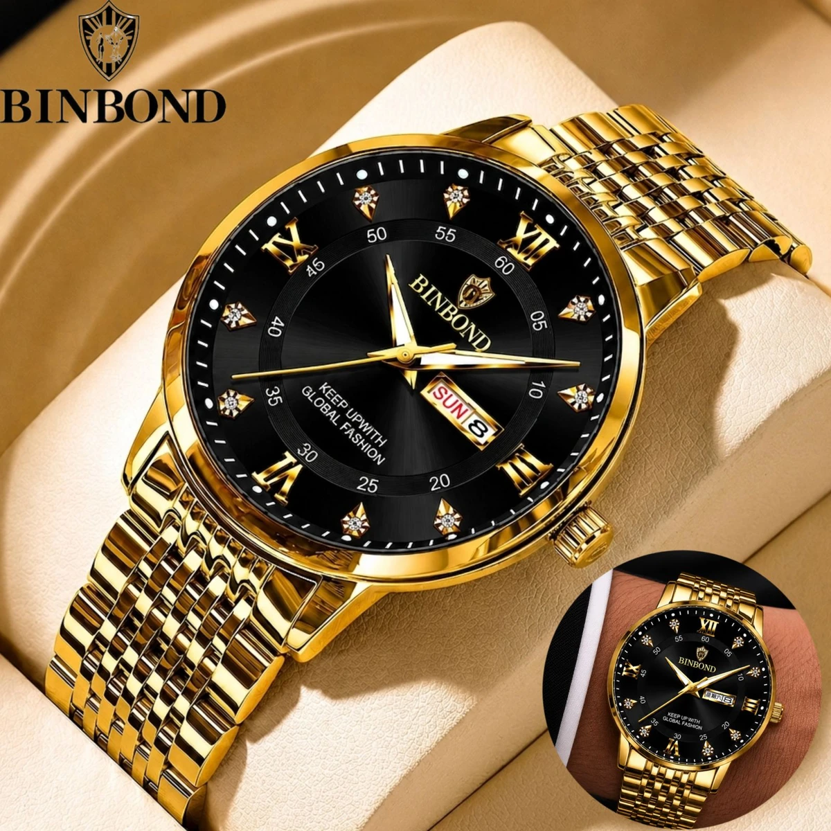 BINBOND23 নতুন ডিজাইনের পুরুষদের জন্য ঘড়ি GOLDEN BLACK