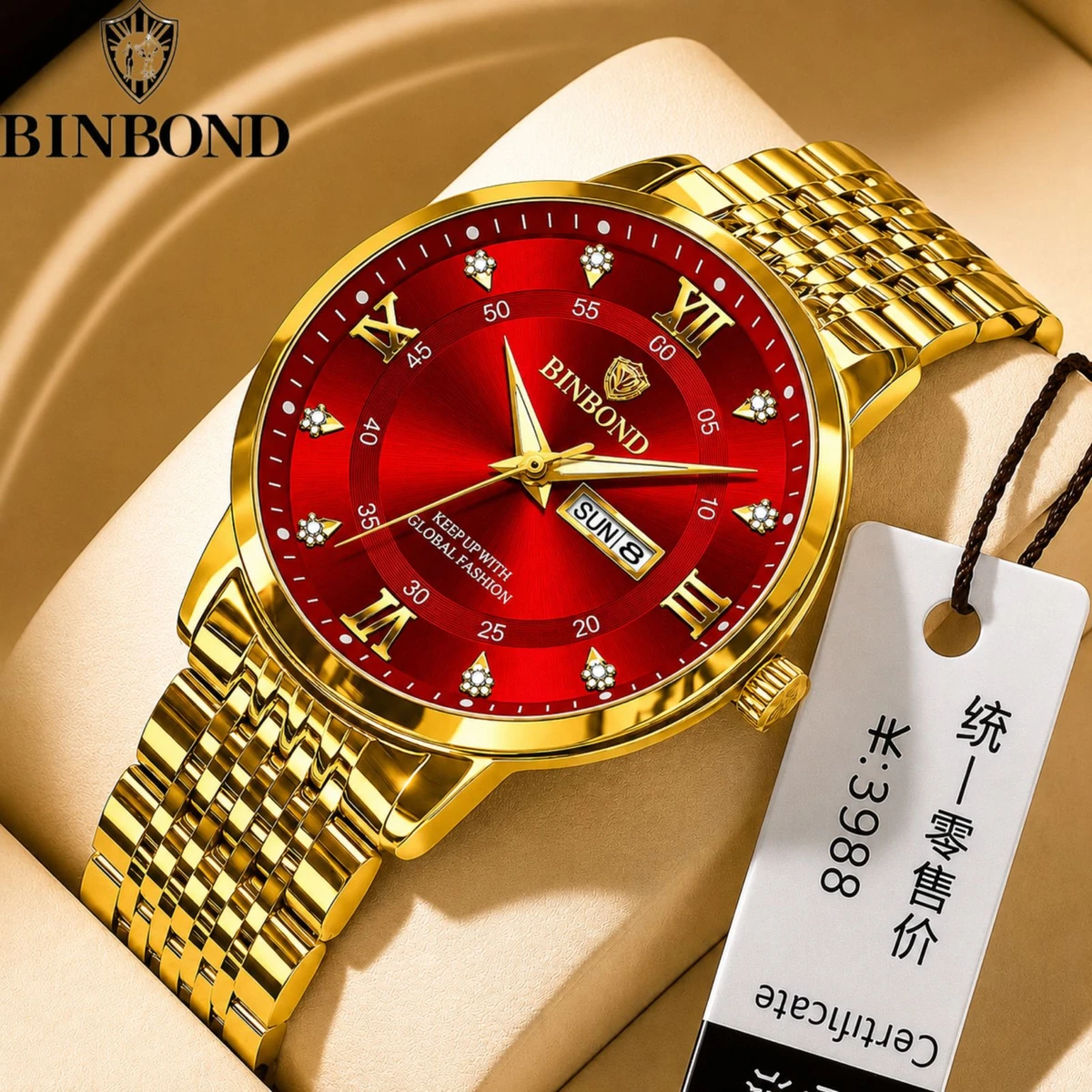 BINBOND23 নতুন ডিজাইনের পুরুষদের জন্য ঘড়ি GOLDEN RED