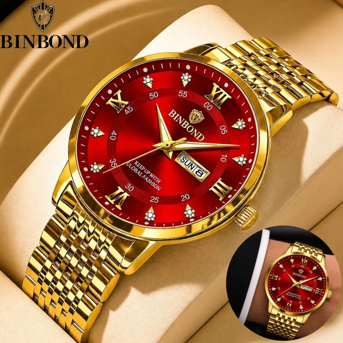 BINBOND23 নতুন ডিজাইনের পুরুষদের জন্য ঘড়ি GOLDEN RED
