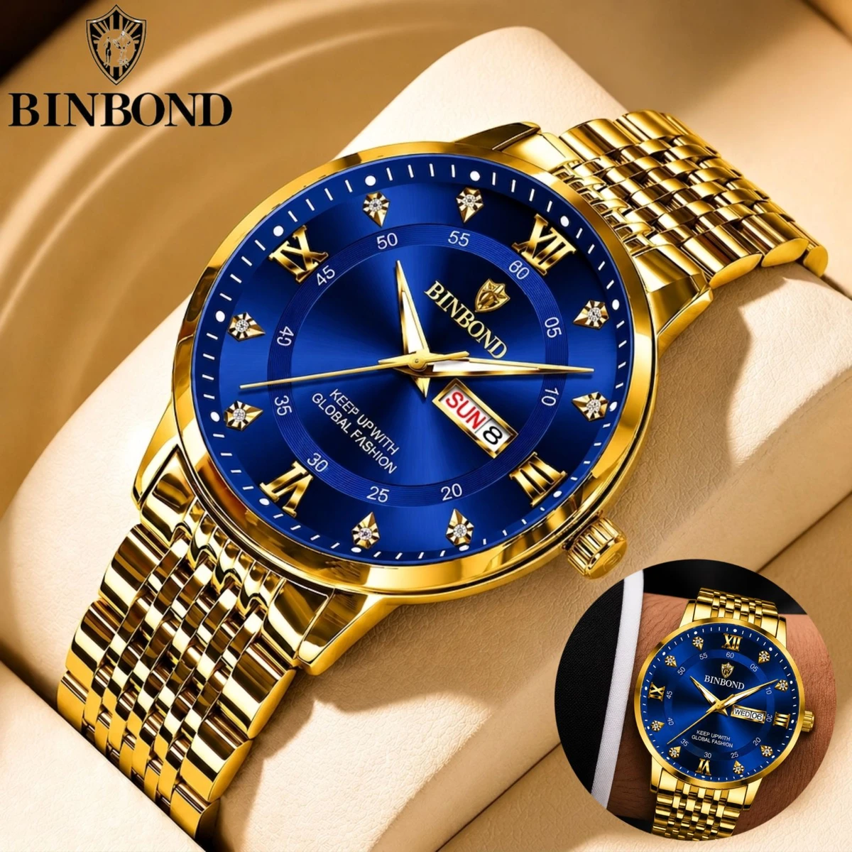 BINBOND23 MAX নতুন ডিজাইনের পুরুষদের জন্য ঘড়ি GOLDEN BLUE