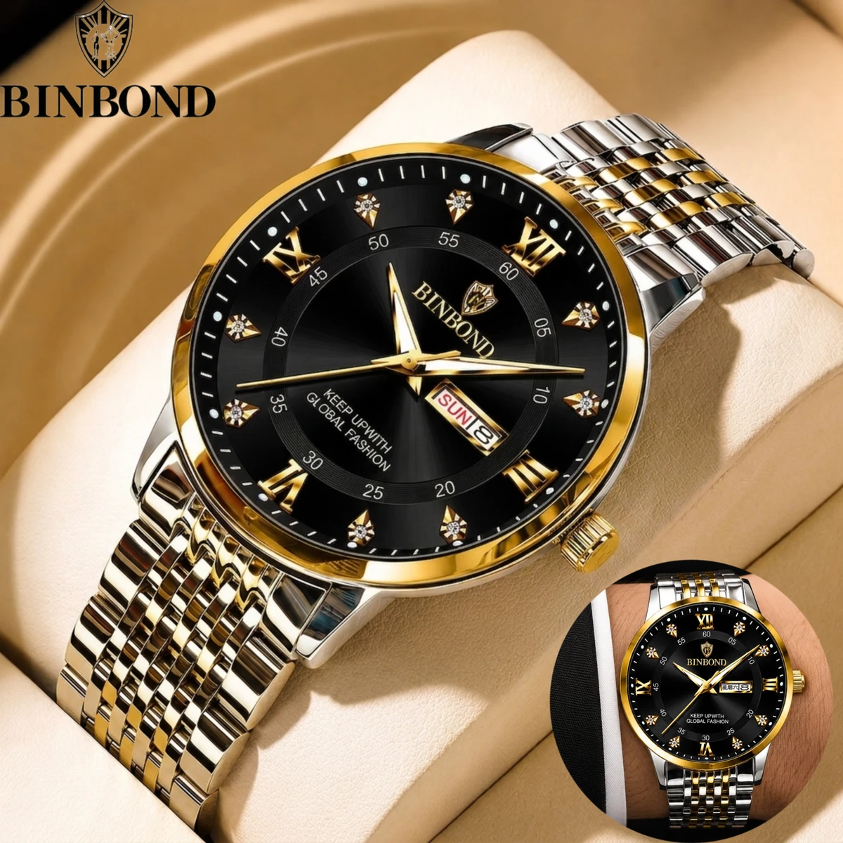 BINBOND23 নতুন ডিজাইনের পুরুষদের জন্য ঘড়ি SILVER GOLDEN BLACK