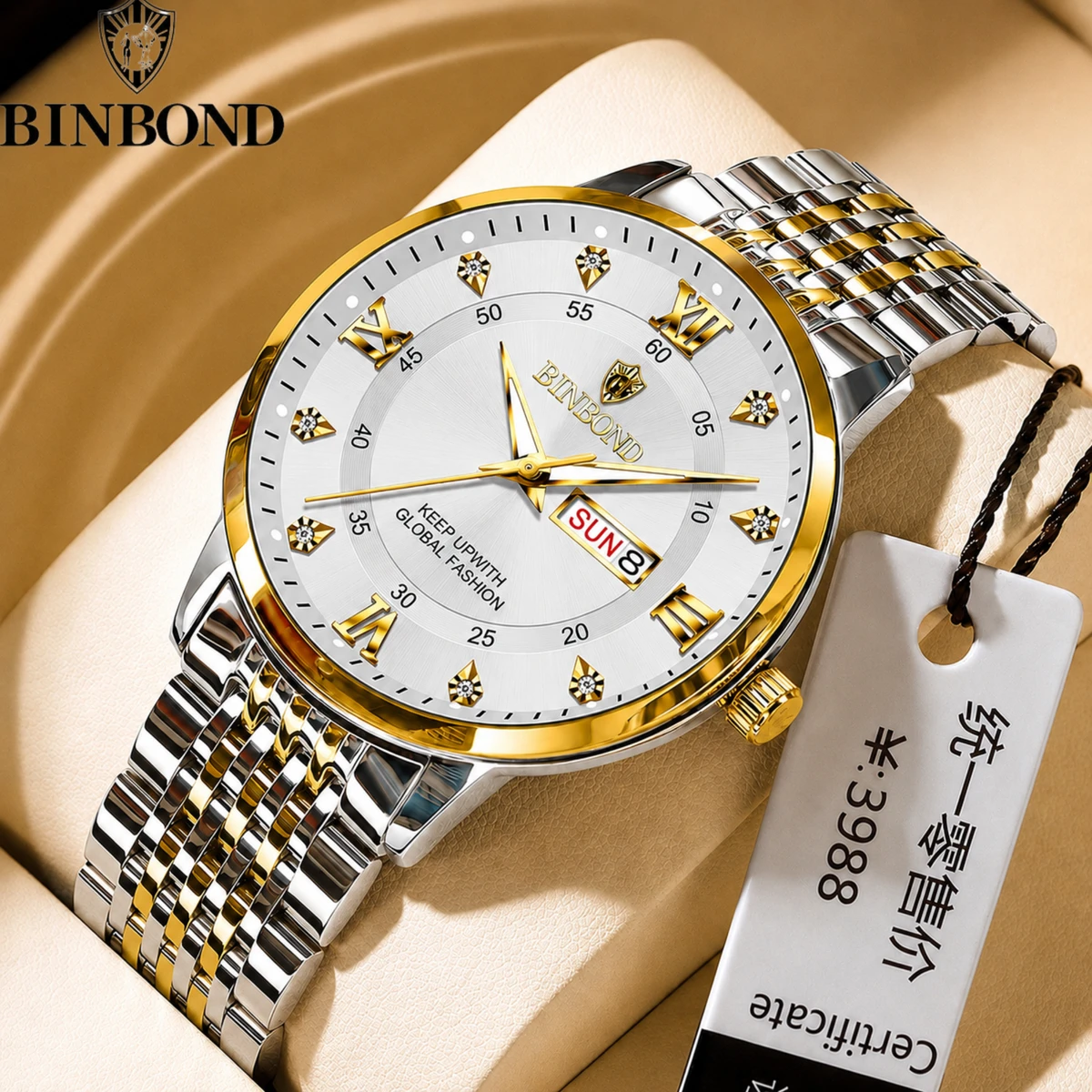 BINBOND23 নতুন ডিজাইনের পুরুষদের জন্য ঘড়ি SILVER GOLDEN WHITE
