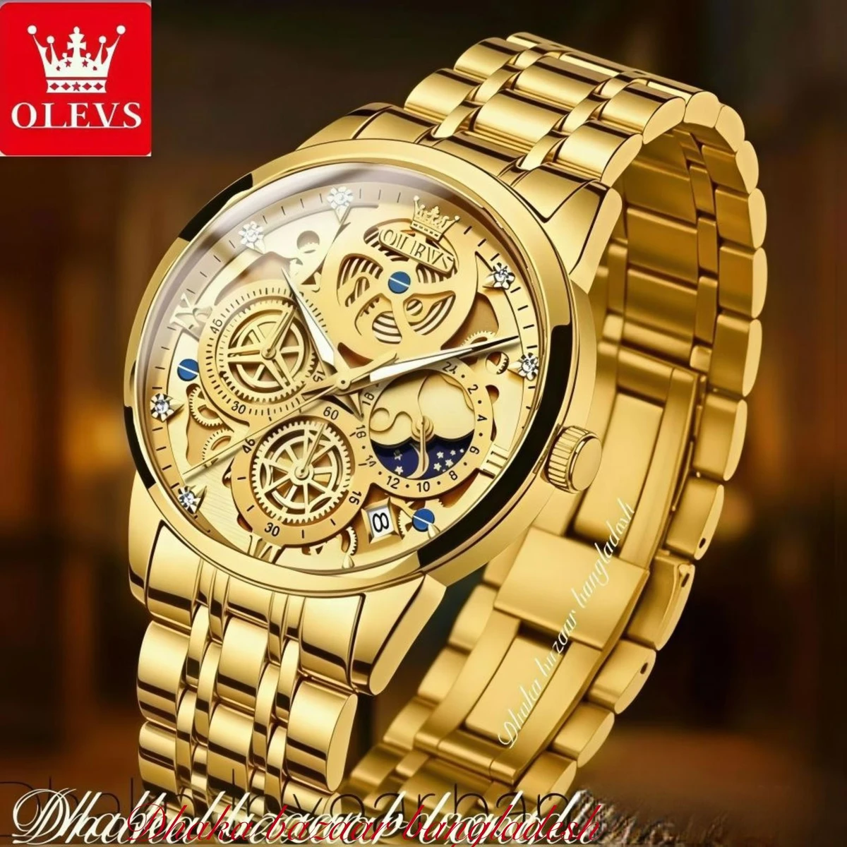 OLIVEZ 5233A পুরুষের জন্য নন মেকানিক্যাল ওয়াটার প্রুফ ঘড়ি FULL GOLDEN
