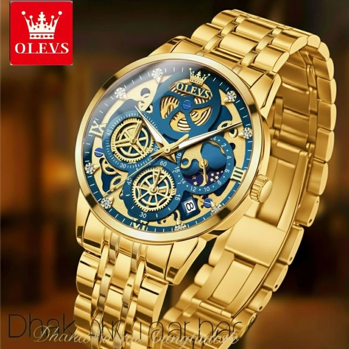 OLIVEZ 5233A পুরুষের জন্য নন মেকানিক্যাল ওয়াটার প্রুফ ঘড়ি  GOLDEN BLUE