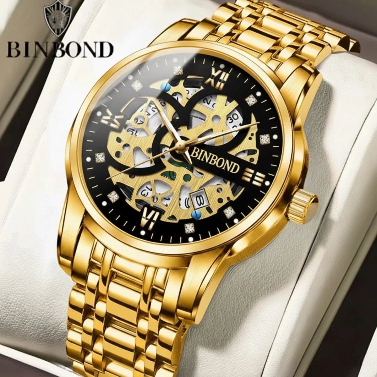 BINBOND BB12 পুরুষের জন্য নন মেকানিক্যাল ওয়াটার প্রুফ ঘড়ি GOLDEN BLACK