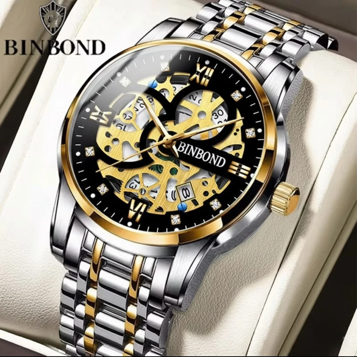 BINBOND BB12 পুরুষের জন্য নন মেকানিক্যাল ওয়াটার প্রুফ ঘড়ি SILVER GOLDEN BLACK