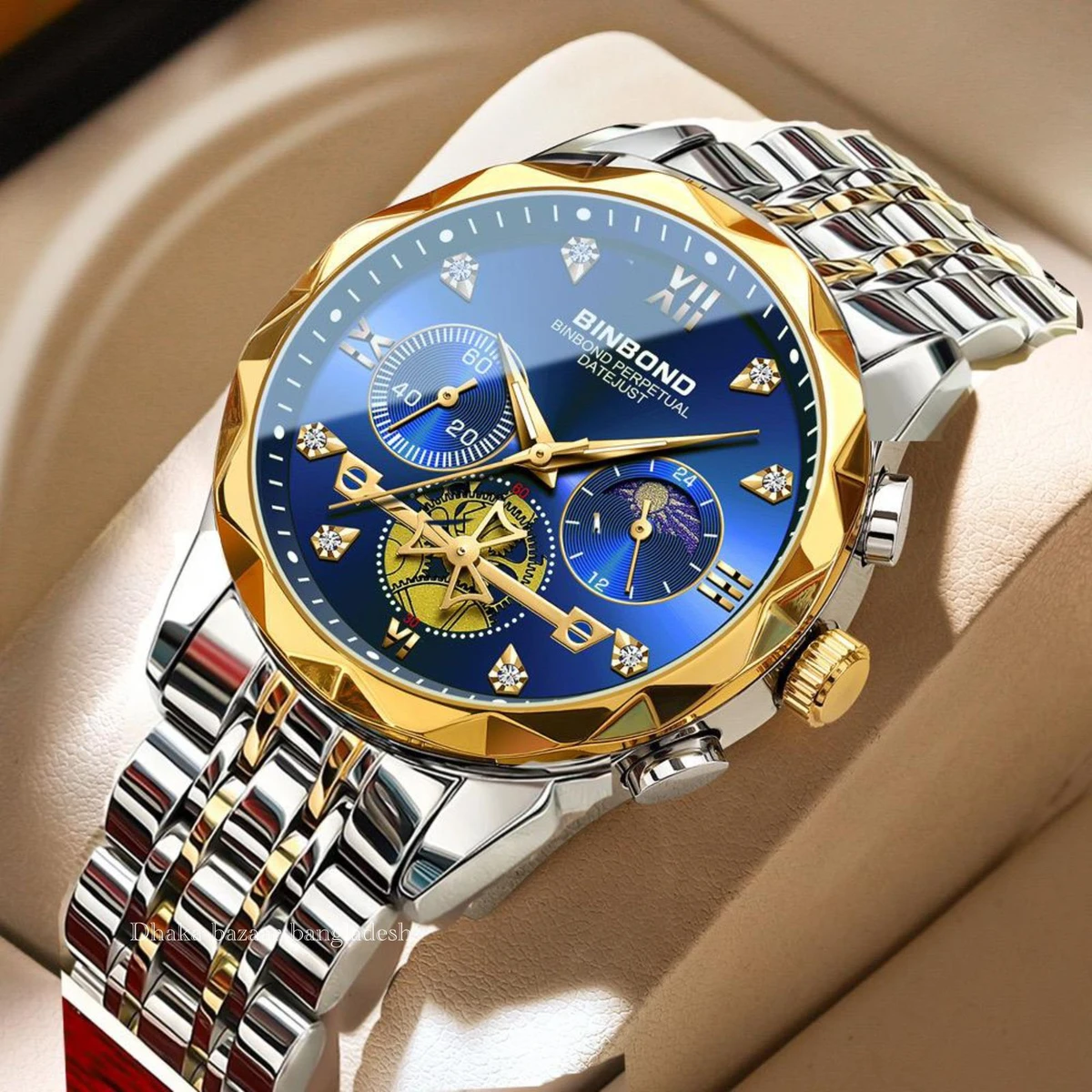 BIN 8855 নন মেকানিক্যাল ওয়াটার প্রুফ ঘড়ি SILVER GOLDEN BLUE